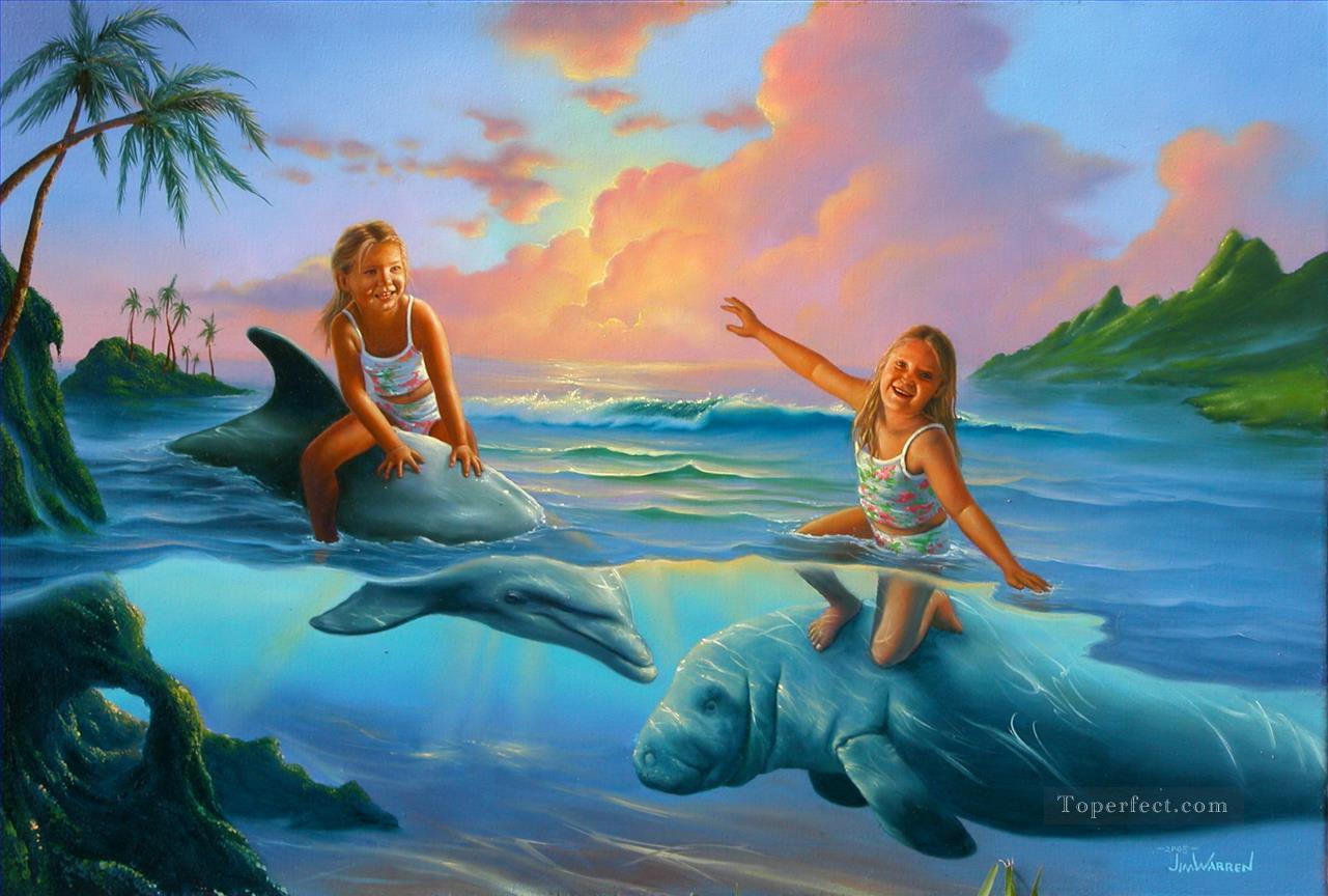 filles sur dauphin Dessin animé pour enfants Peintures à l'huile